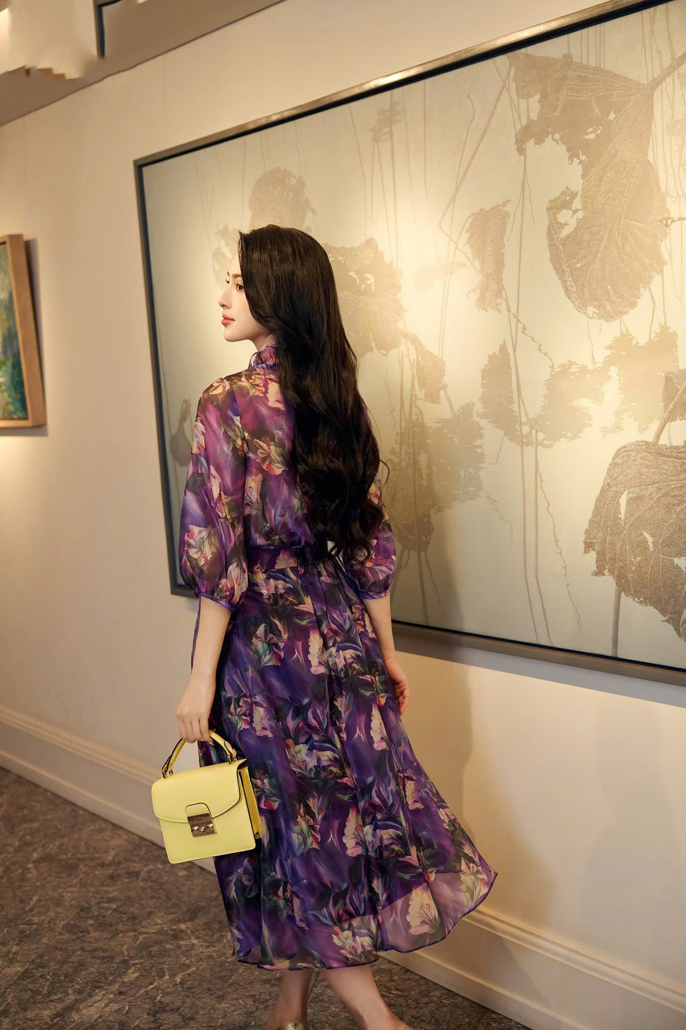 Đầm xòe họa tiết tím cổ nhún tay lỡ DL262