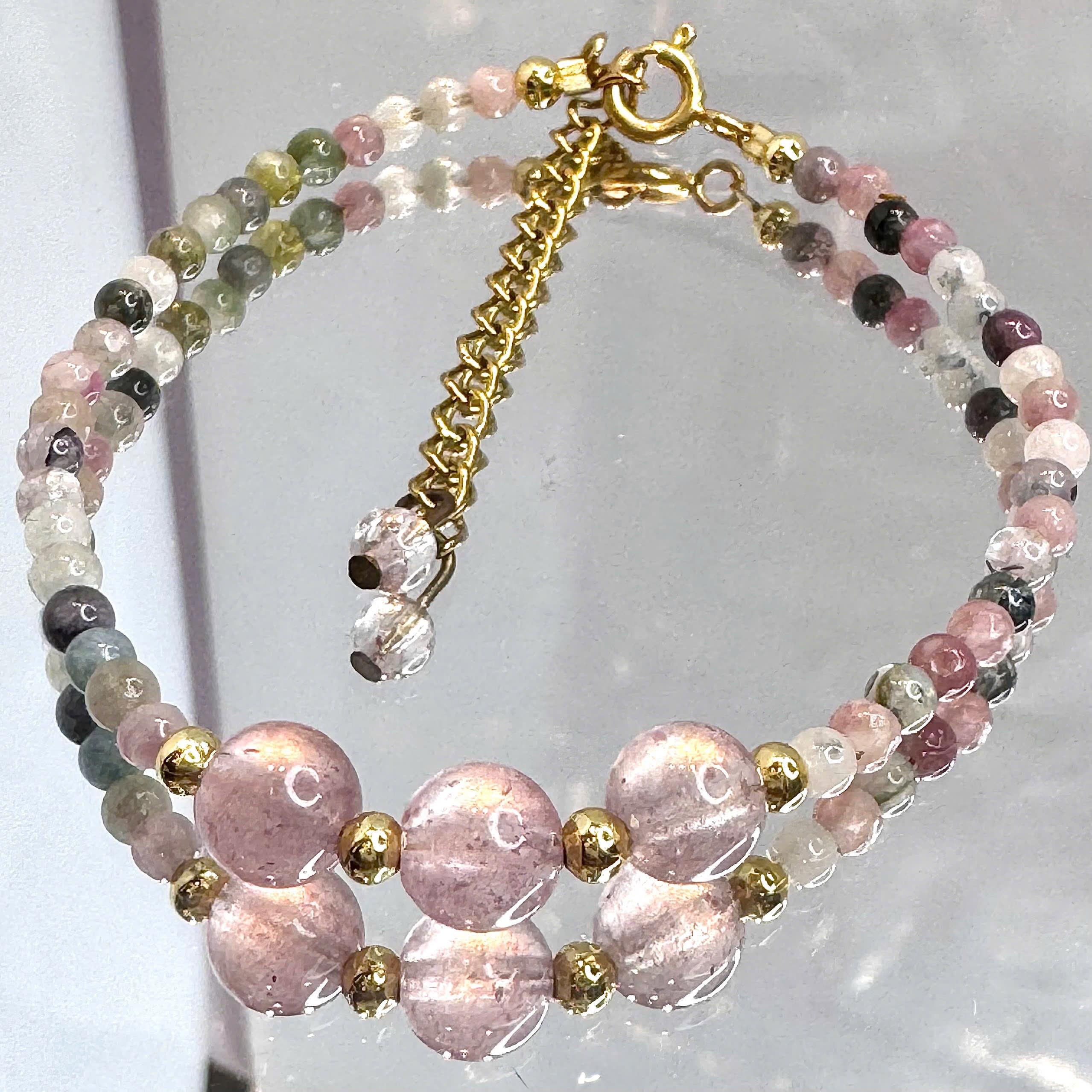 vòng tay phong thuỷ đá dâu tây mix tourmaline xích hợp kim