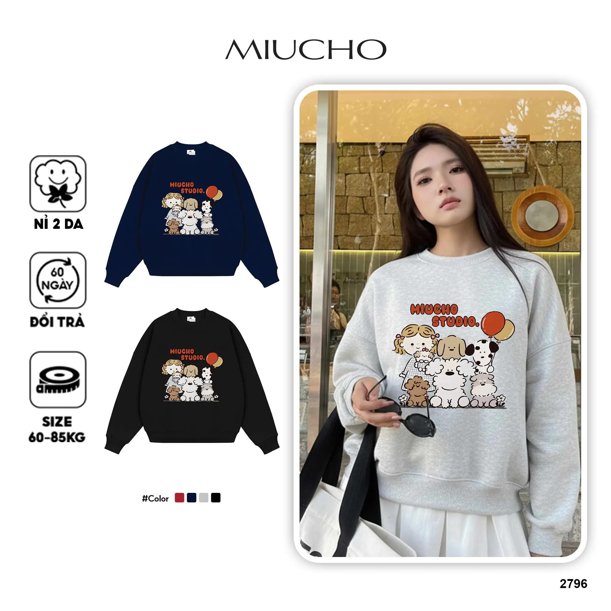 Áo Sweater form boxy Miucho nỉ 2 da thoáng mát tay dài cổ tròn dễ phối cún yêu in mix 2796