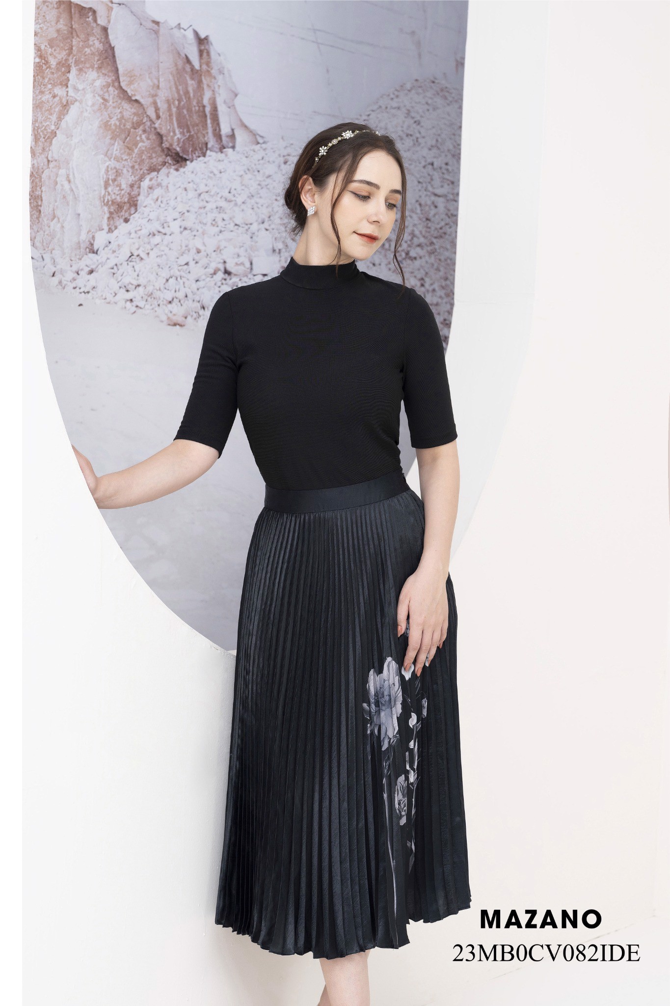 Chân váy Chữ A dập ly Vải lụa dày Cạp cao 4cm Dài trên mắt cá chân_thumbnail_3