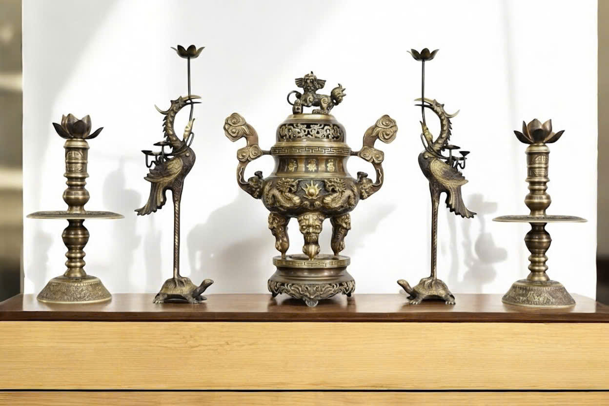 Bộ Ngũ sự Song Long  cao 60cm đúc đồng vàng 