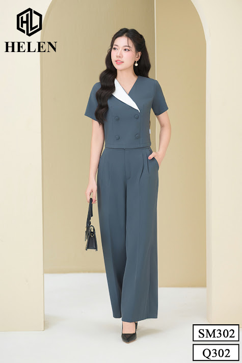 SET sơ mi phối cổ trắng  đính cúc bọc +quần suông màu ghi SET302Q