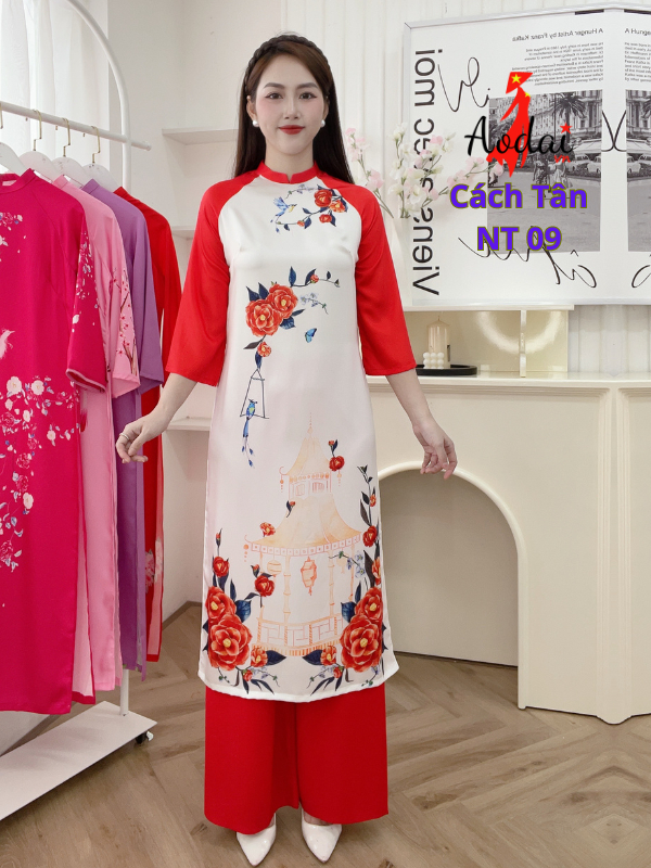 Áo dài Cách tân NT09 lụa ngtrai màu trắng tay đỏ AODAIVN KHẢ TRANG áo dài may sẵn giá rẻ, Áo dài đẹp