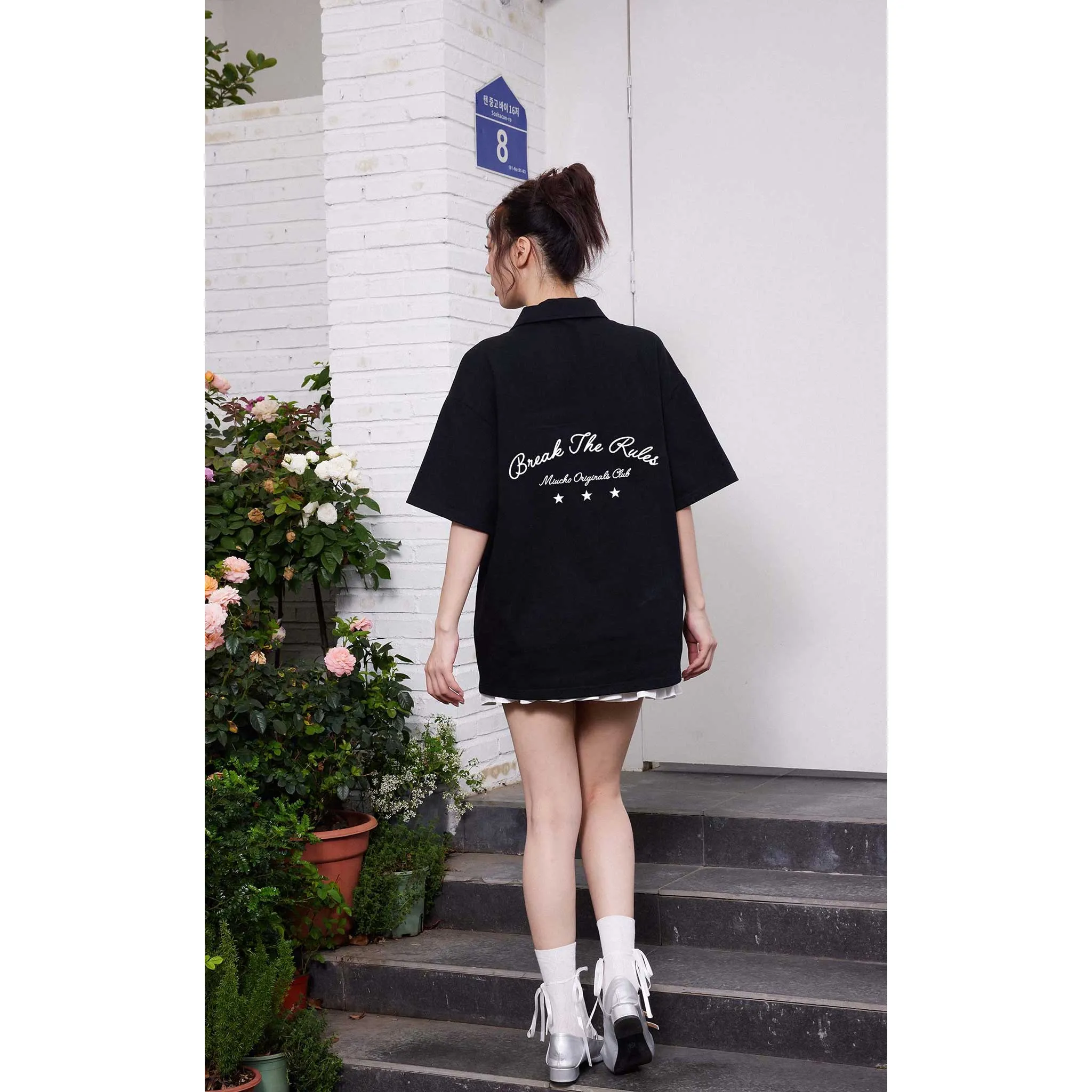 Áo polo form rộng basic 2482 Miucho vải cotton co giãn thoáng mát cổ trụn in typography_thumbnail_3