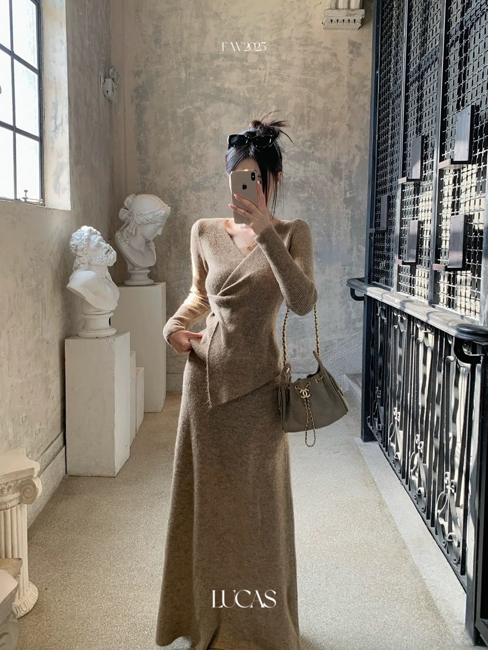 Lucas - Set áo len cổ đan vạt chéo + chân váy xòe A dáng dài