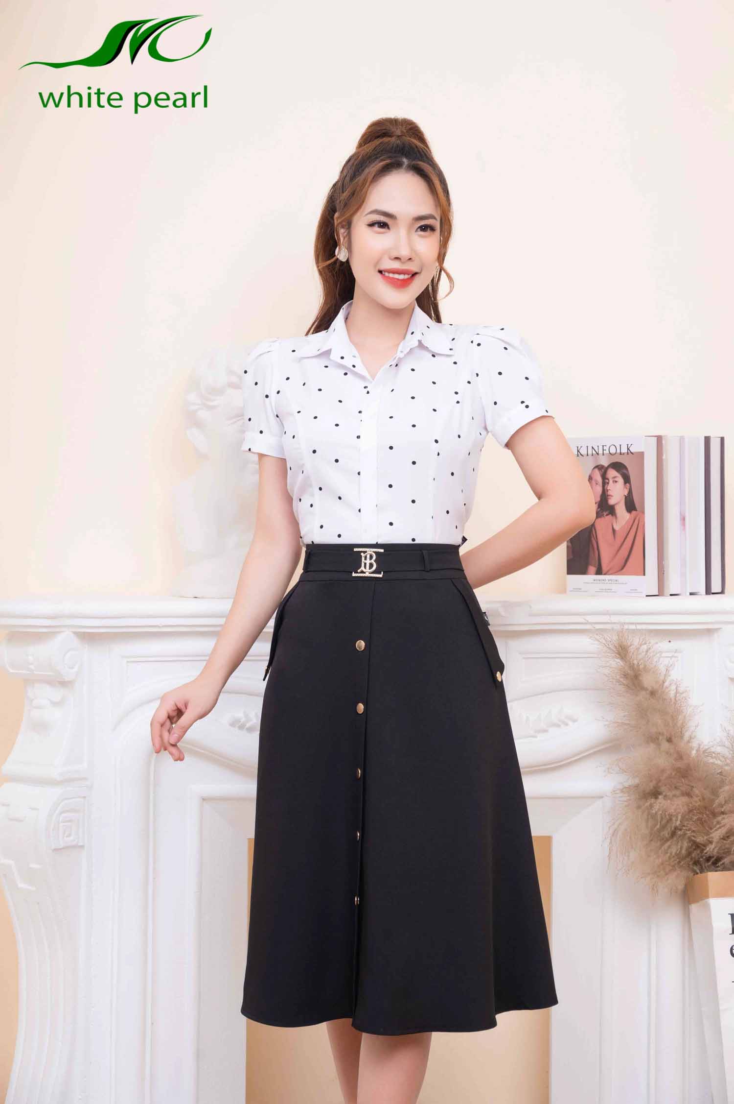 Chân váy xòe nữ túi 2 bên đính cúc dọc thời trang công sở cao cấp White Pearl_thumbnail_3