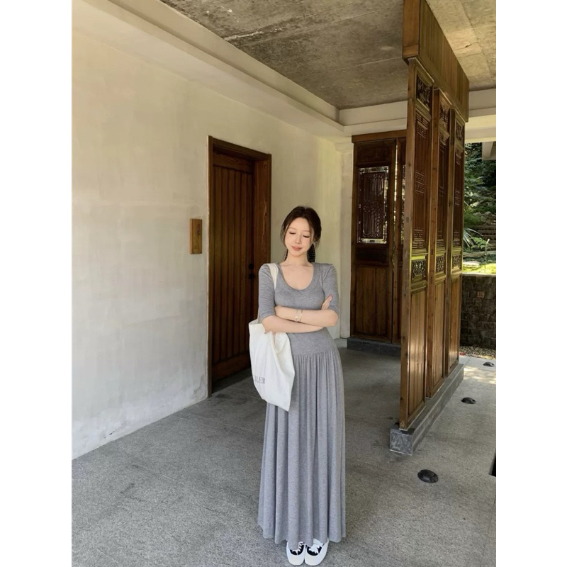 Váy thun ladong tay lỡ dáng dài, đầm thun co dãn dáng xoè đen xám Logastore_L208_thumbnail_4