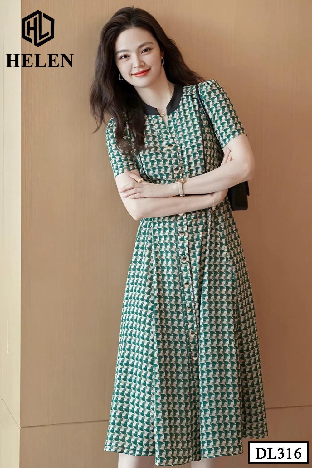 Đầm xòe họa tiết xanh cổ tàu + đai kèm DL316_thumbnail_2