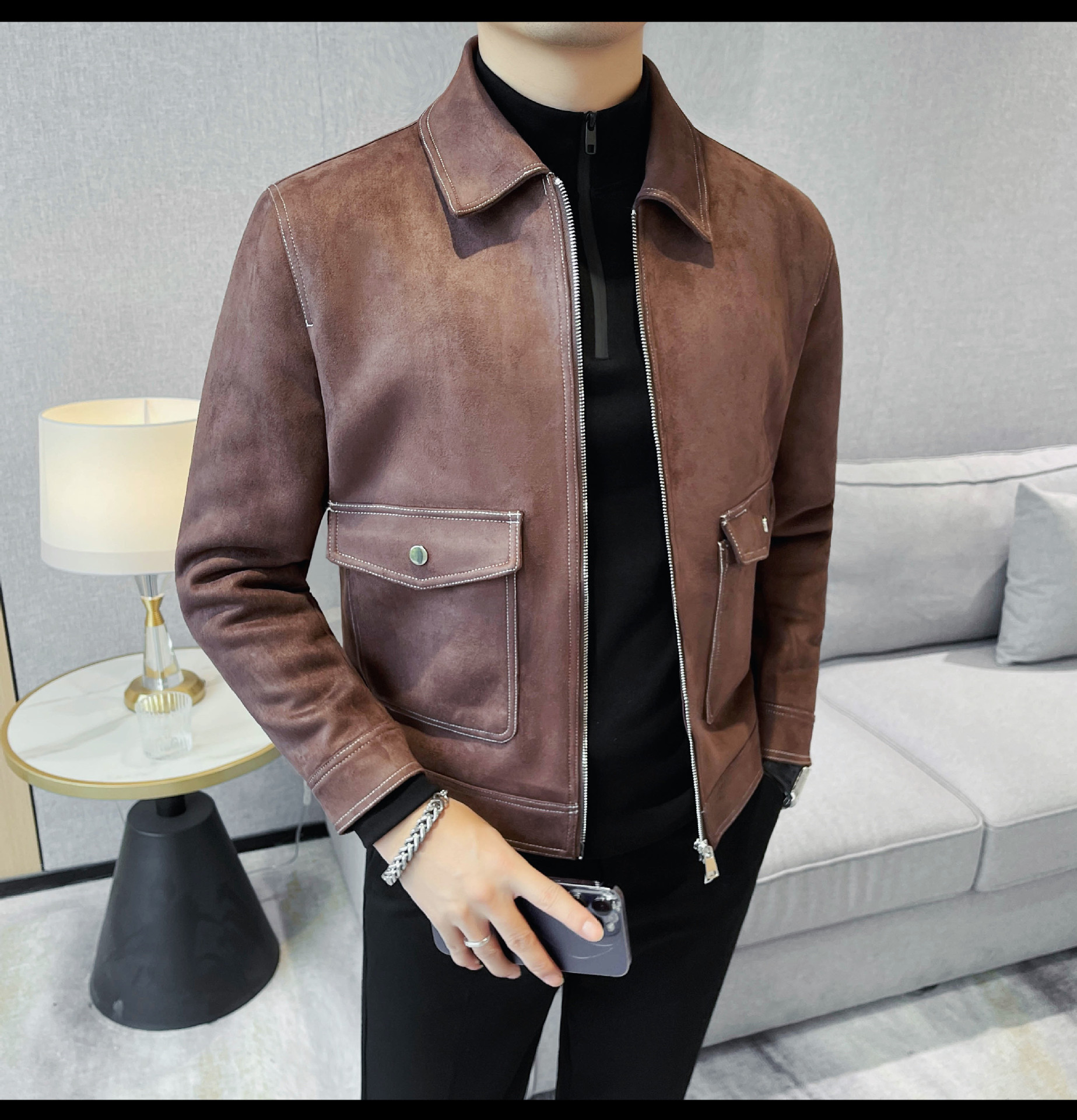 PA14 – Áo jacket nam thu đông dây kéo đồng màu, cổ bẻ, túi lớn, lót lông_thumbnail_2
