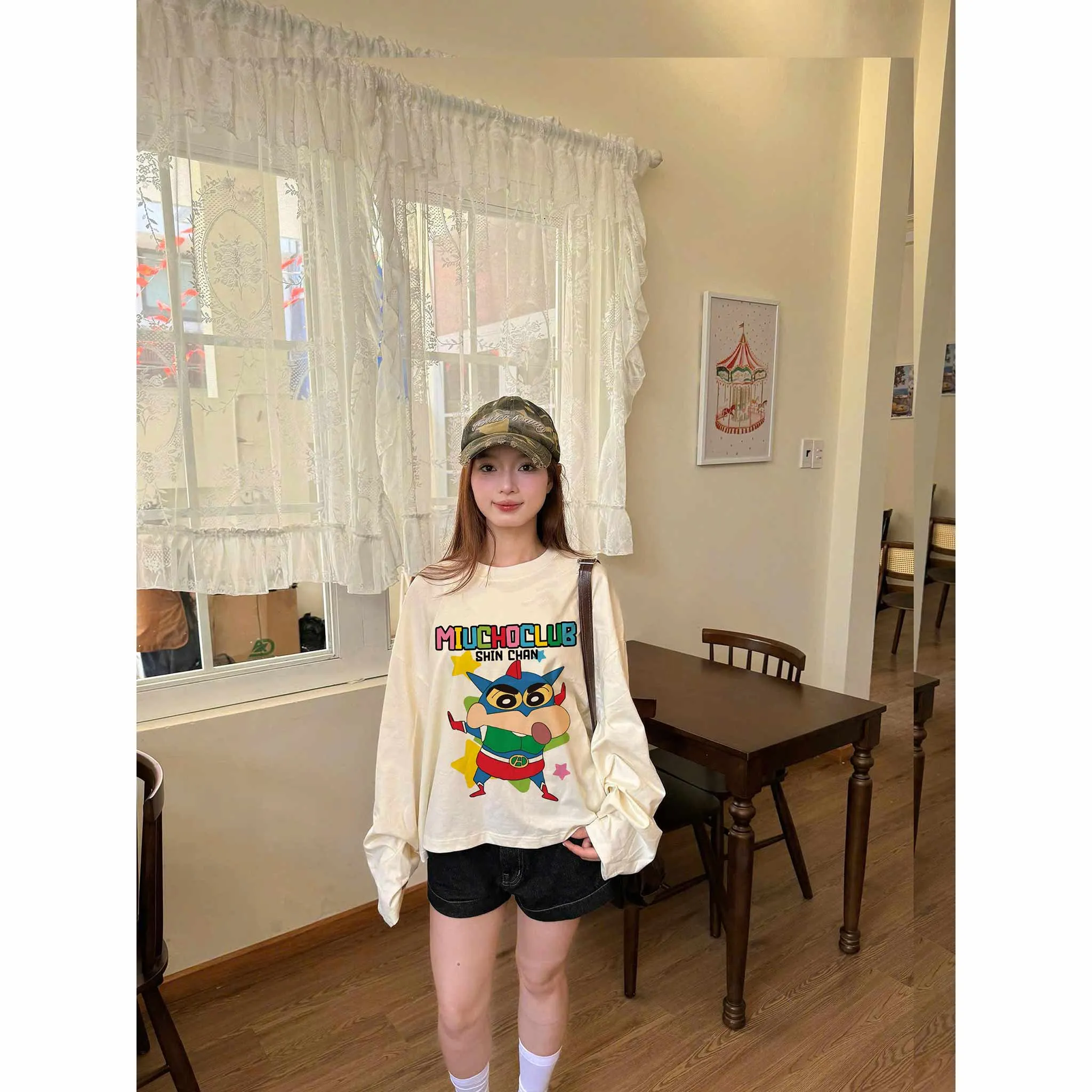 Áo thun boxy tay dài SHIN CHAN 2641 Miucho vải cotton co giãn 2 chiều thoáng mát thấm hút tốt_thumbnail_4
