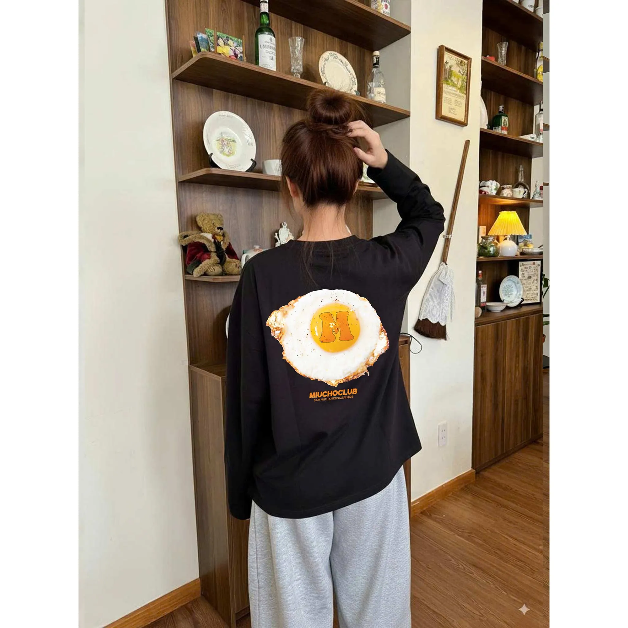 Áo thun boxy nữ tay dài hình trứng ốp la 2642 Miucho vải cotton co giãn 2c thoáng mát in mix_thumbnail_4