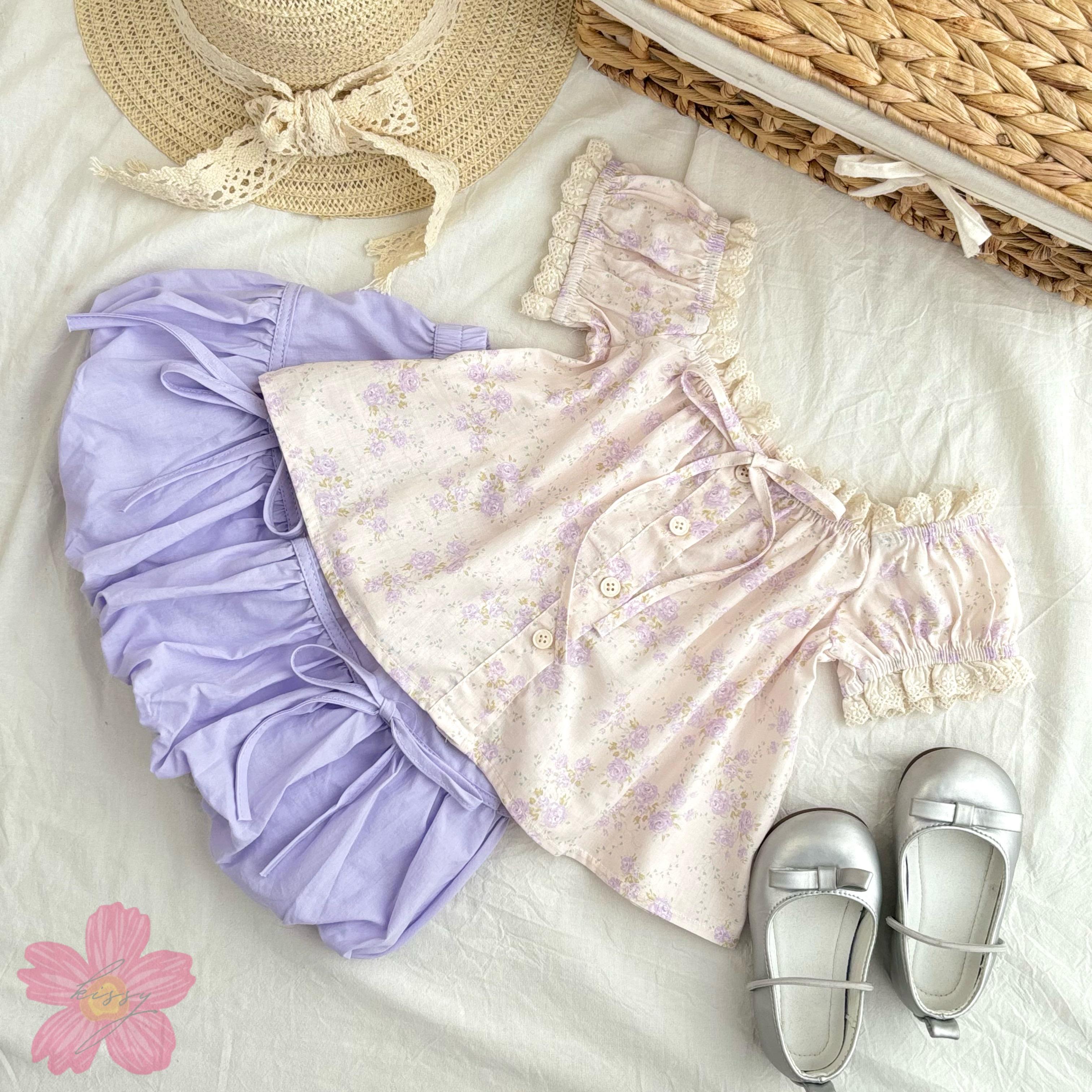 (S4) Set Áo Họa Tiết Hoa Nhí Và Chân Váy Dáng Bí Màu Tím Phong Cách Tiểu Thư Cho Bé Gái Mẫu Mới Xuân Hè QC 2025