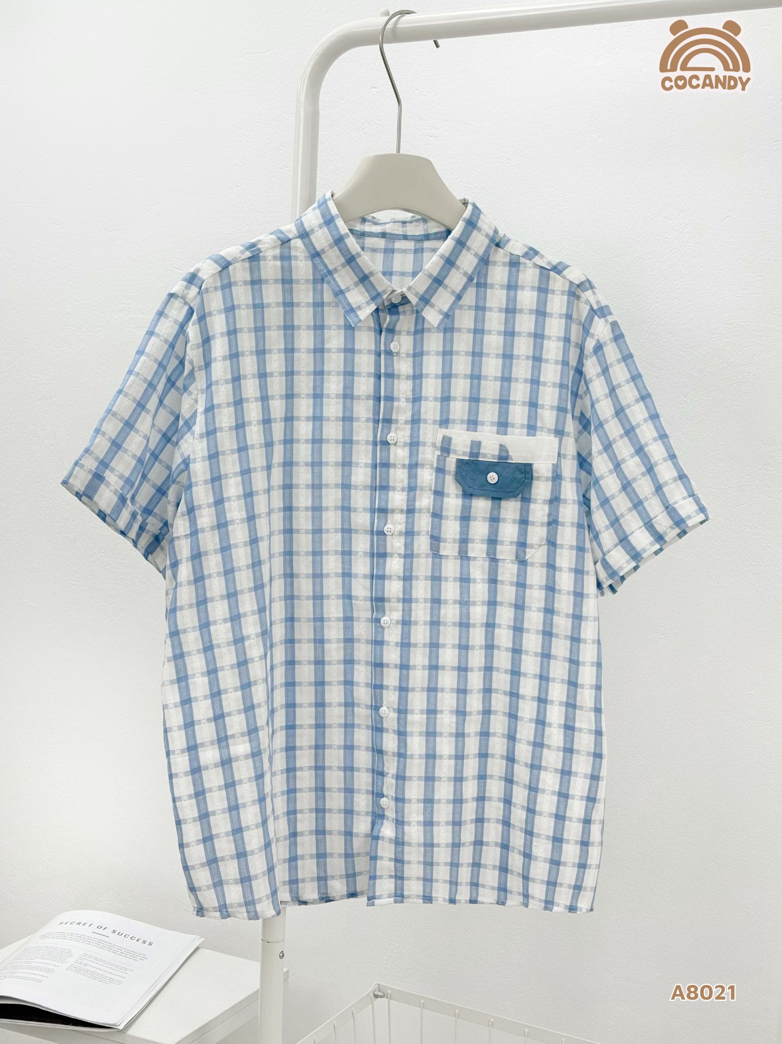 Áo cộc sơ mi caro XANH cổ bẻ túi giả nắp xanh