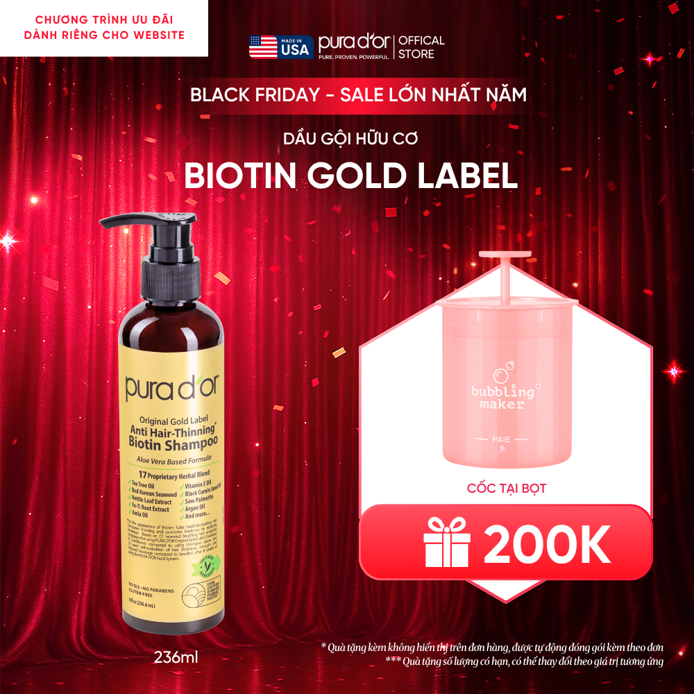 Dầu Gội Biotin Pura D'or Original Gold Label Chăm Sóc Da Đầu, Giảm Rụng Tóc, Hỗ Trợ Mọc Tóc 236ml