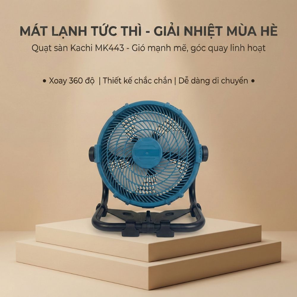 Quạt Để Bàn Tích Điện Kachi MK443 – Gió Turbo Mạnh Mẽ, Xoay 360 Độ, Thiết Kế Di Động Đa Năng
