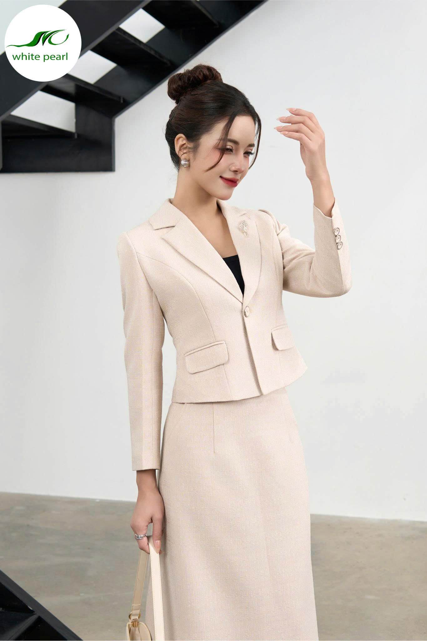 Áo vét dạ cổ K / Chân váy thời trang ôm A Thời Trang Công Sở White Pearl