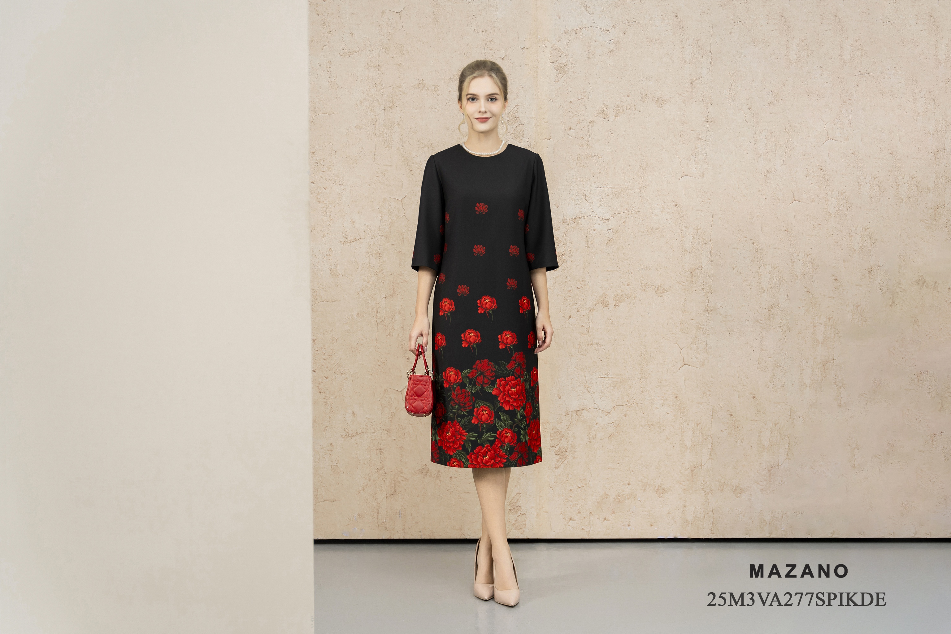 Váy Đầm Suông Vải thô dày Hoạ tiết hoa hồng  Cổ tròn Tay lỡ Dài đến bắp chân