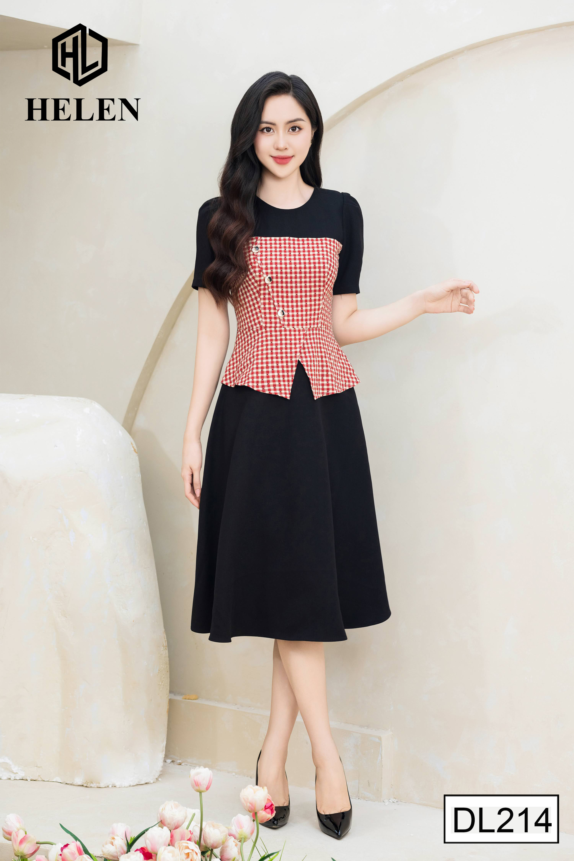 Đầm xòe peplum đen phối kẻ hạt đỏ cổ tròn DL214_thumbnail_2