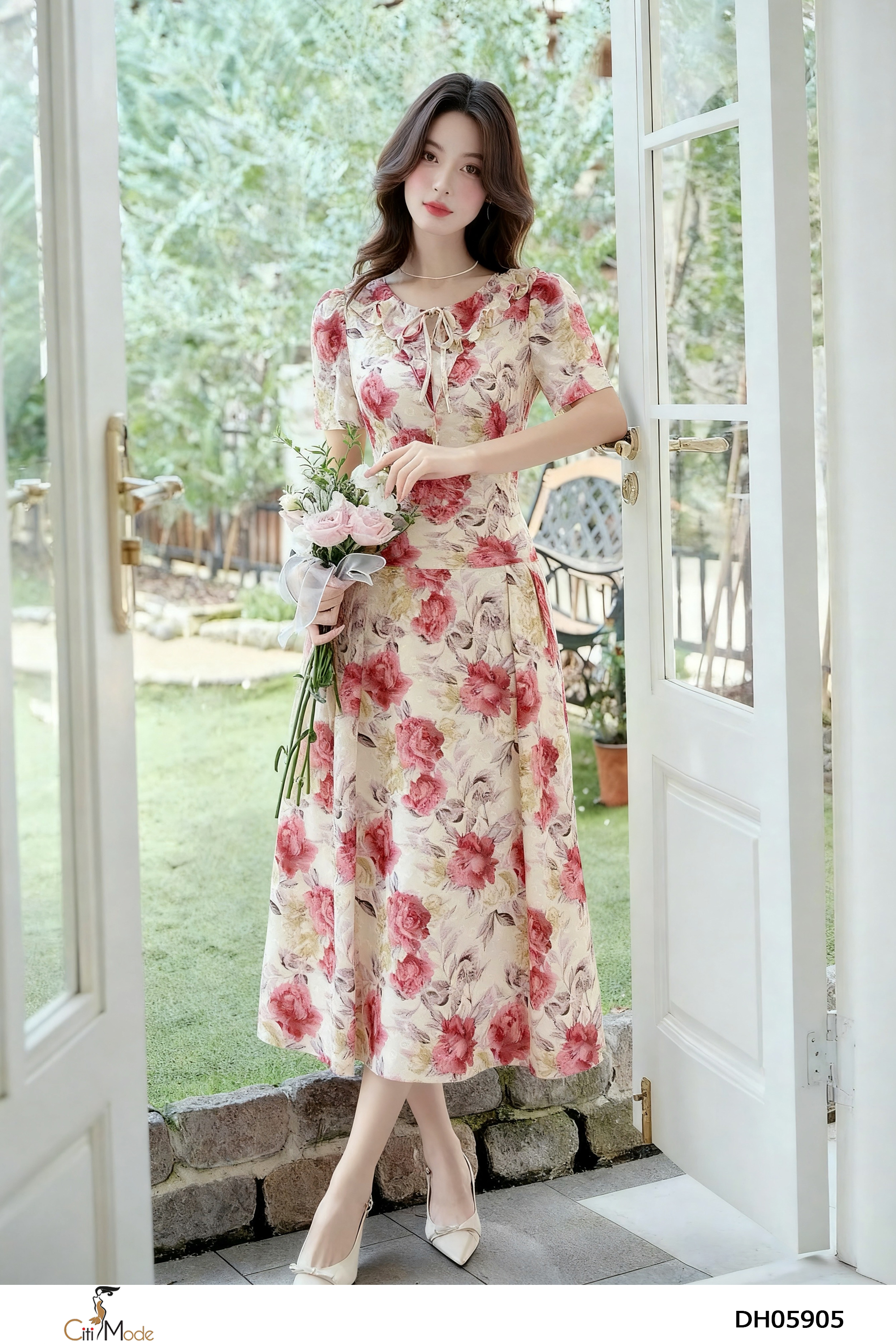 Đầm xòe hoa đỏ cổ bèo cách điệu_thumbnail_2