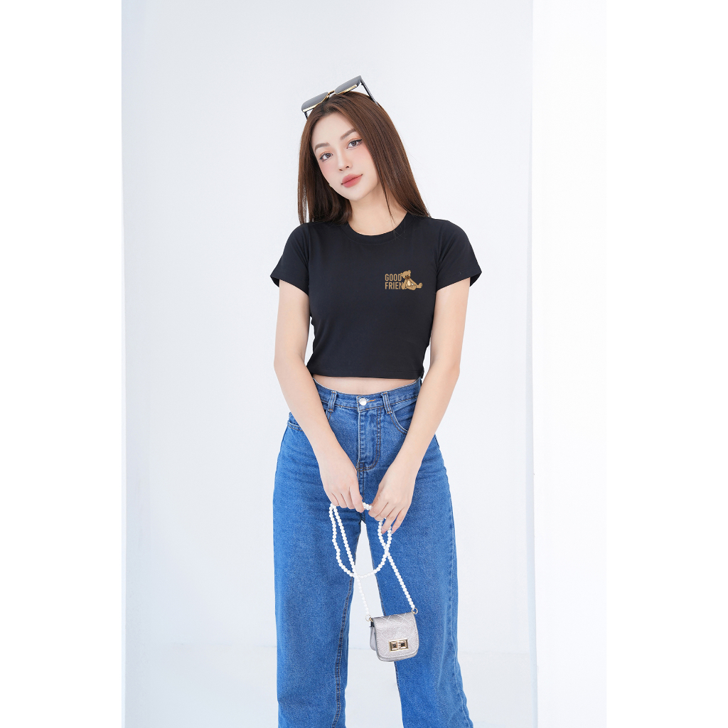 [Form Ôm] Áo croptop đen in hình - Croptop nữ ôm body chất liệu thun cotton - Loza G0044