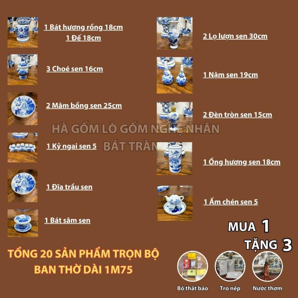 HG281 Đồ Thờ Cúng Bộ 20 món ban thờ 1M75 men trắng nghệ nhân Bát Tràng chế tác TẶNG Thất Bảo, Tro Nếp_thumbnail_1