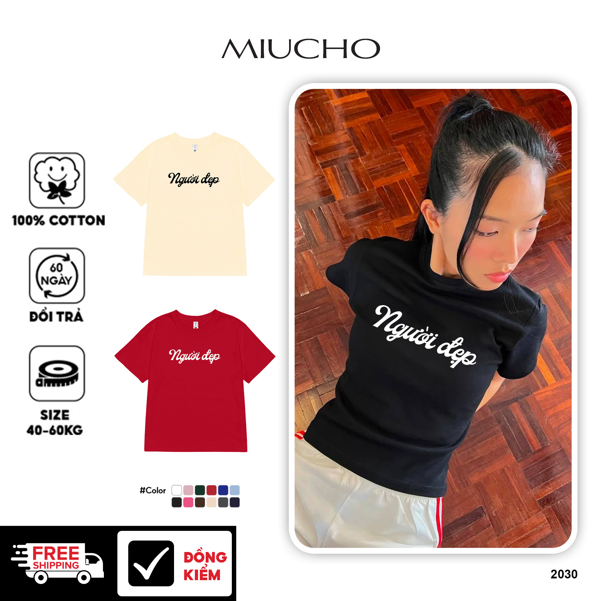 Áo baby tee Người đẹp 2030 Miucho cổ tròn vải cotton 4c thoáng mát in basic