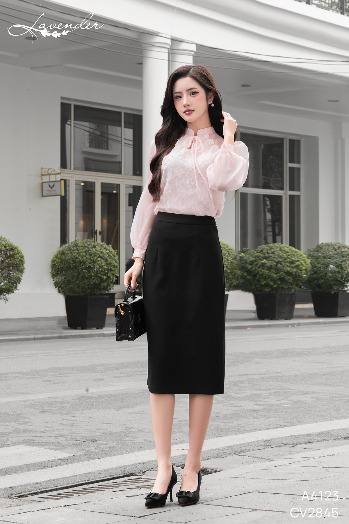 Set Áo sơ mi tơ lông màu hồng phối tay dài A4123