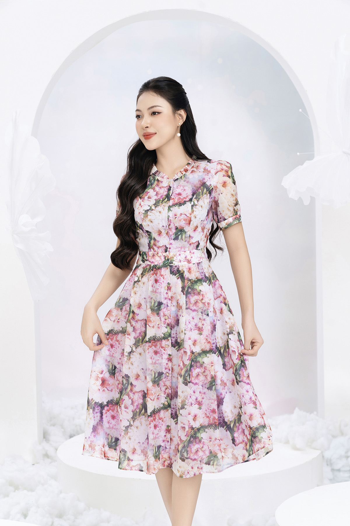 Đầm tơ hoa dạo phố cổ nhún tay ngắn D3021_thumbnail_2