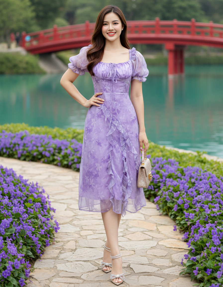 Đầm maxi hoa cổ U nhún ngực tay con