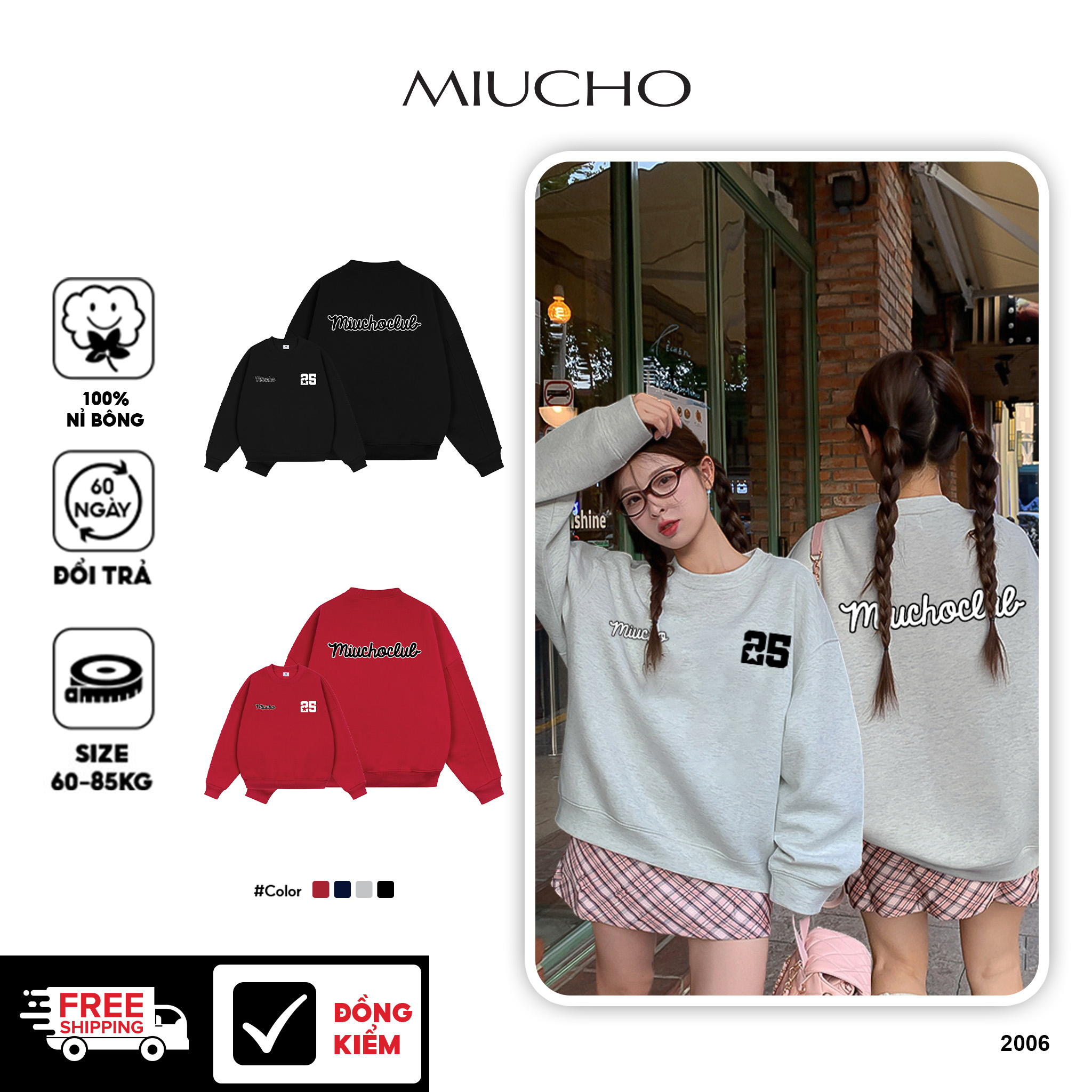Áo sweater nữ form boxy 2006 Miucho cổ tròn basic vải nỉ bông 350 GSM dày dặn in typography