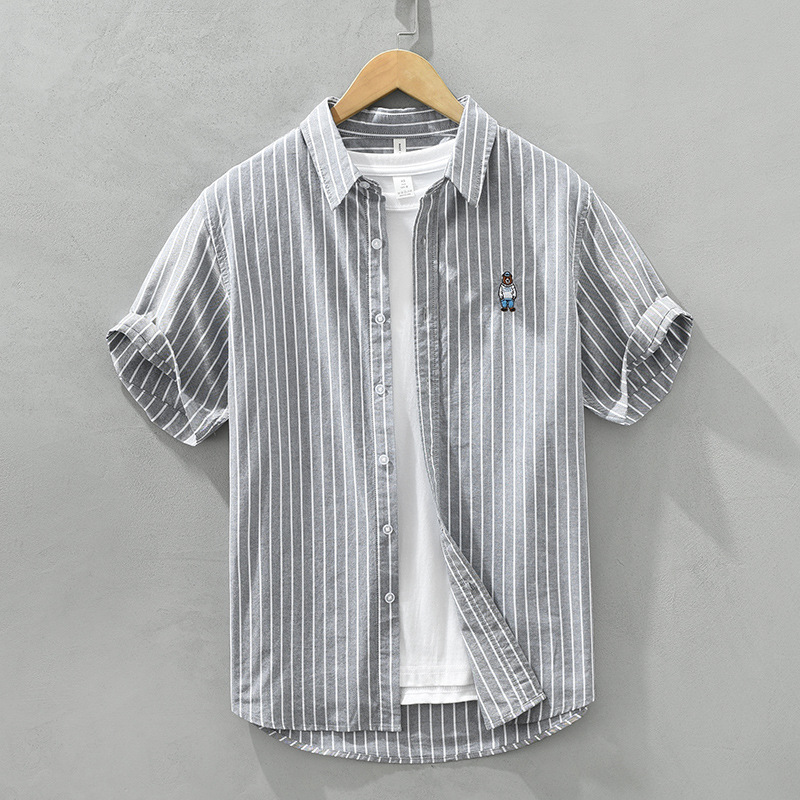 Áo Sơ Mi Nam Ngắn Tay Sọc Nhật Bản – Áo Sơ Mi Giản Dị Phong Cách Hồng Kông, Thêu Tươi Mát, Đa Năng, Thả Vận Chuyển_thumbnail_6