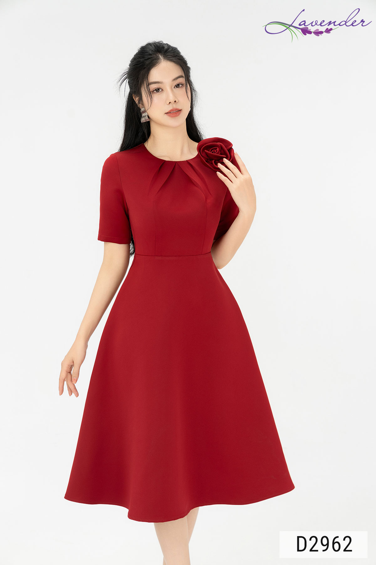 Đầm xòe tafta công sở Thời trang Lavender đỏ tay lỡ phối hoa vai D2962
