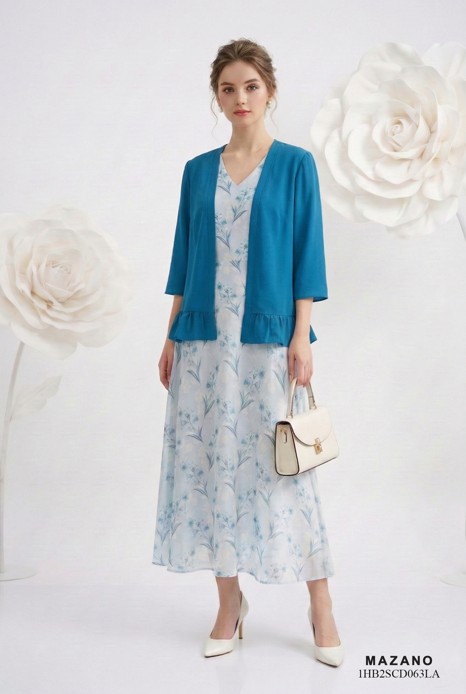 Áo cardigan vải voan dày màu xanh cổ vịt dáng suông trang trí bèo gấu thiết kế MAZANO