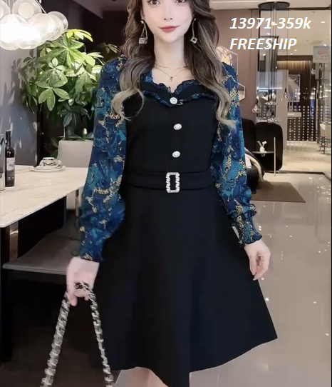 13971-Đầm xòe  tay dài  in họa tiết  (thun mịn, lụa mango)FREESHIP_thumbnail_2