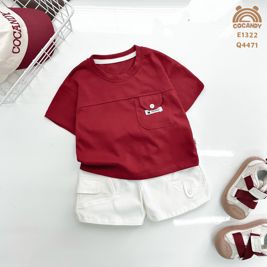 Áo cộc thun ĐỎ nắp túi ốp kẻ ngang