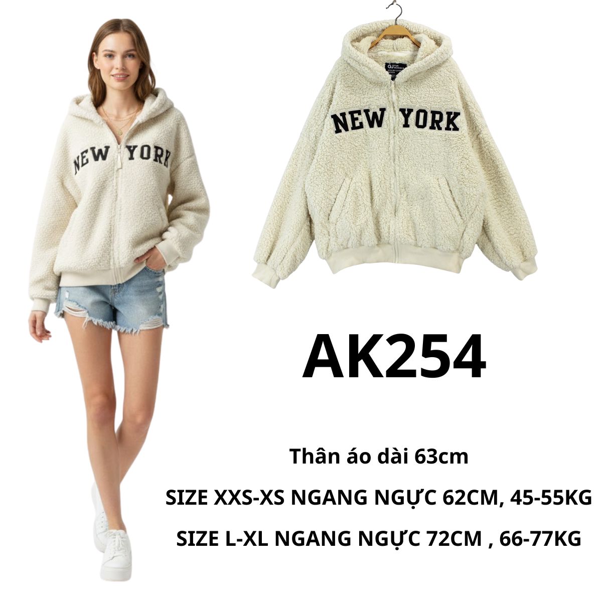 AK254 - Áo khoác lông be chữ GJ