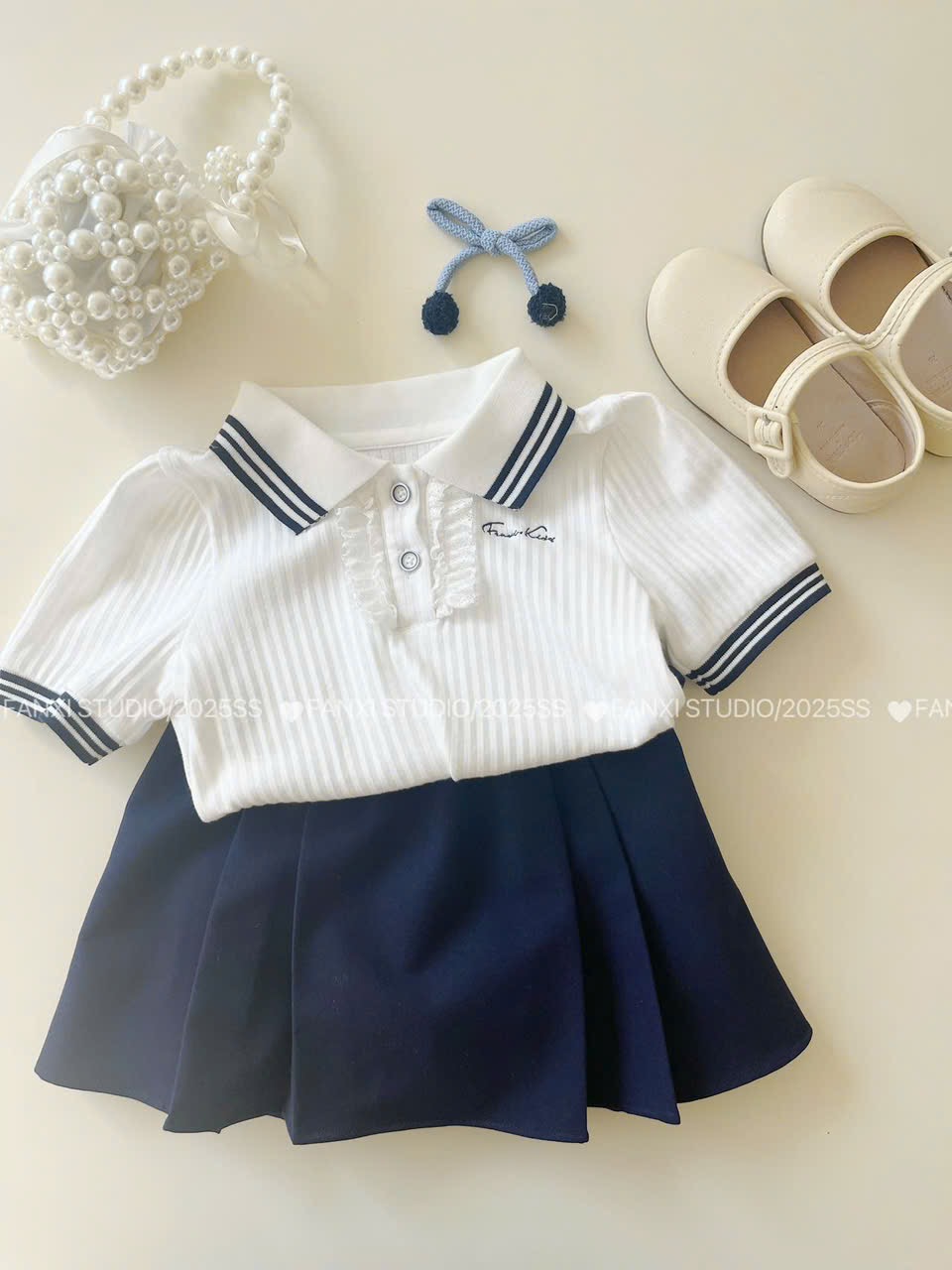 (A12) Áo thun cổ Polo kẻ xanh than siêu yêu cho bé gái mẫu hè 2025_thumbnail_0