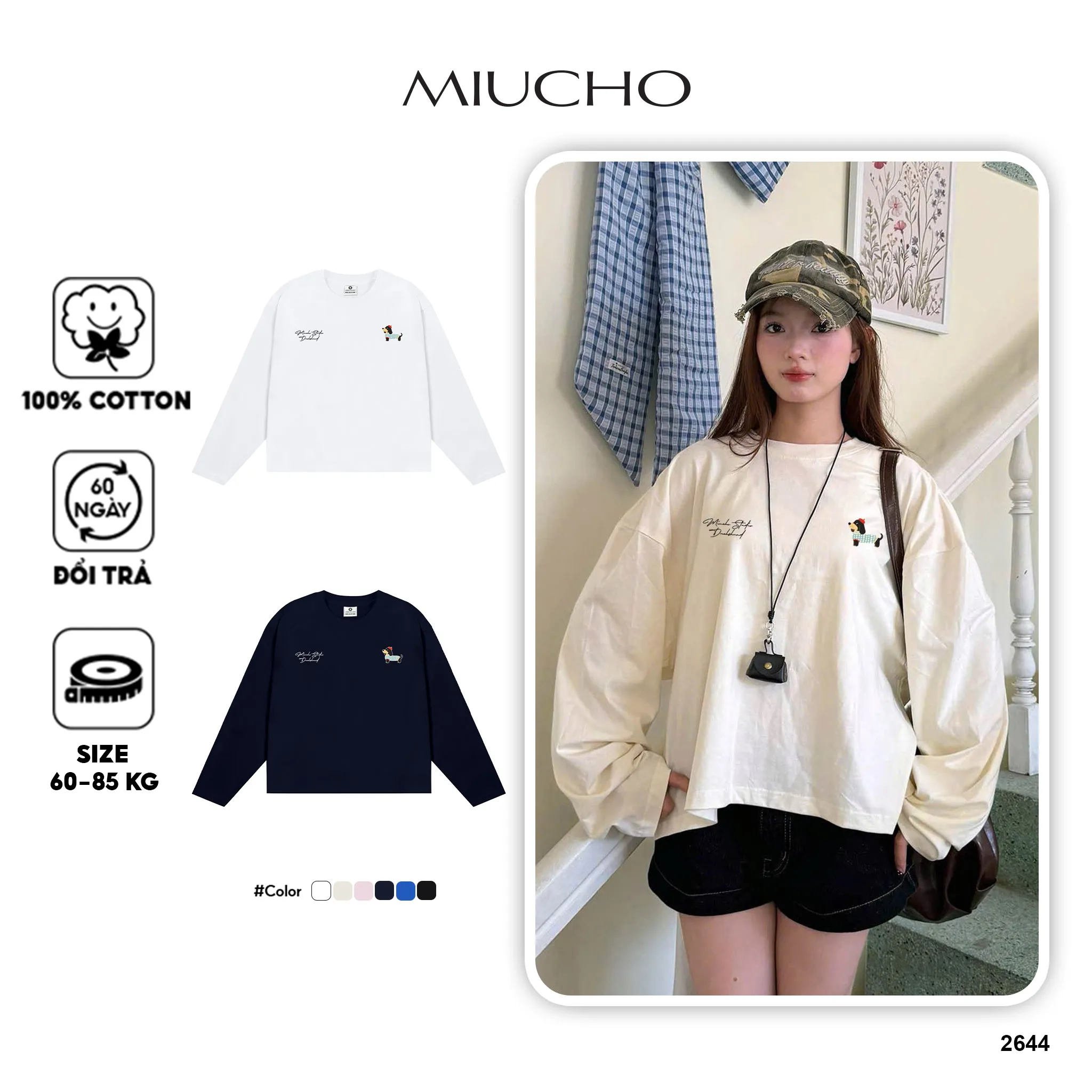 Áo thun boxy tay dài unisex basic 2644 Miucho vải cotton cao cấp thoáng mát co giãn 2 chiều