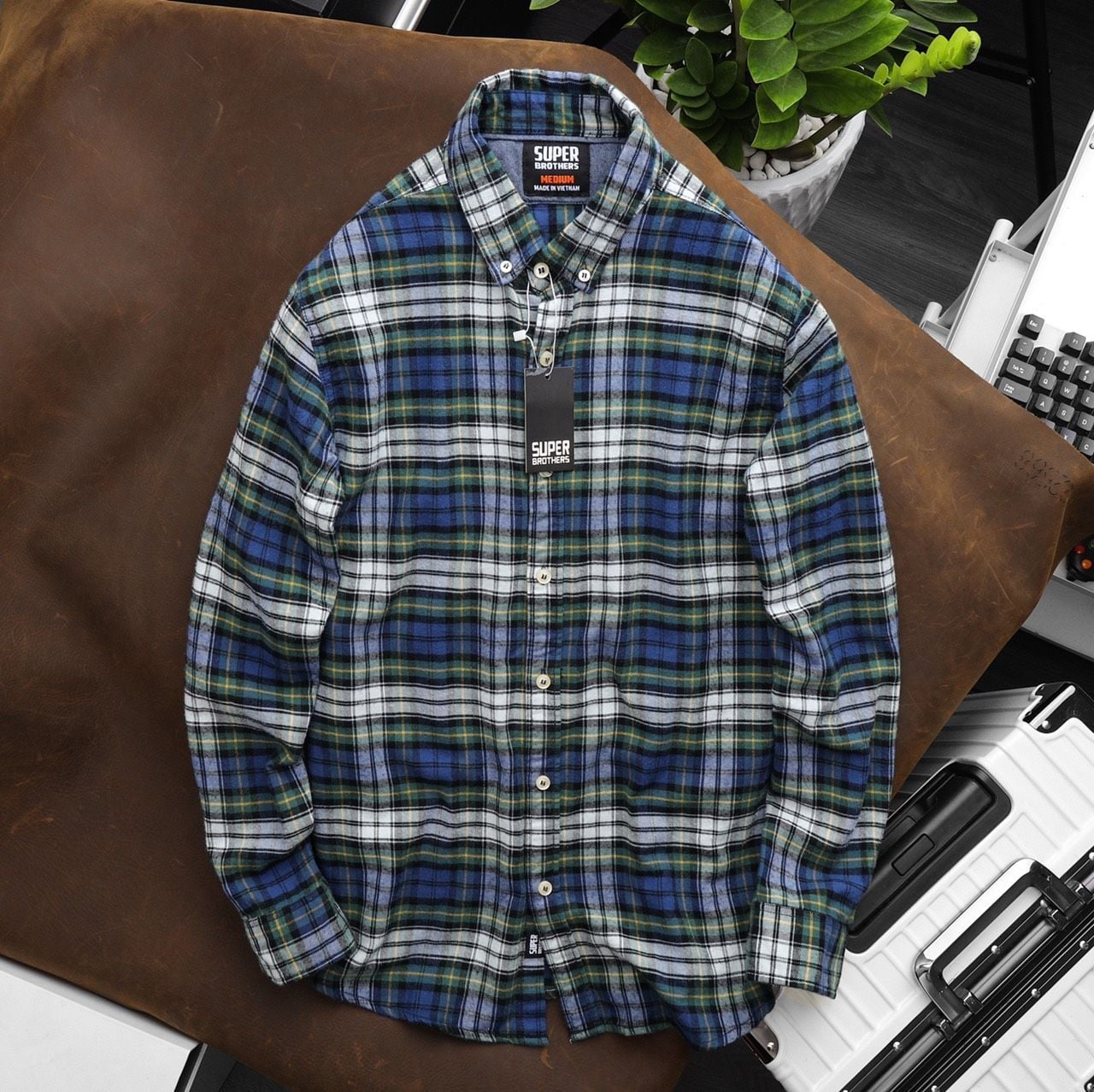 Áo Sơ Mi Super Brother FLANNEL Cotton Cá Sấu Logo Thêu Màu Xanh Lá_thumbnail_4
