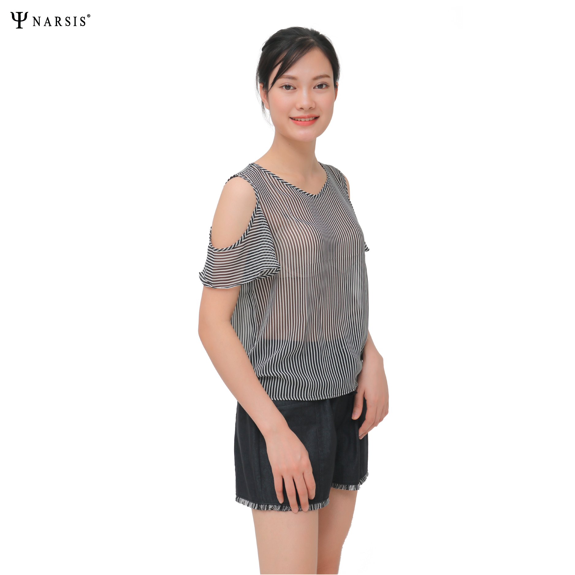 ÁO HÈ NỮ THIẾT KẾ -  VOAN KẺ NHÍ ĐEN TRẮNG L9020 NARSIS CHẤT LIỆU THOÁNG MÁT, DỄ CHỊU, THOẢI MÁI ...