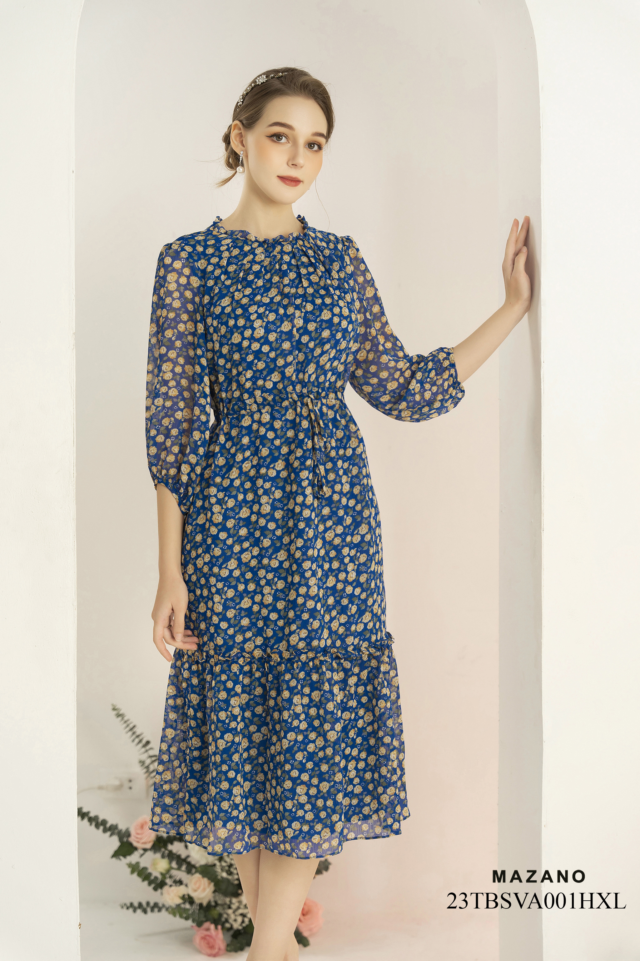 Đầm voan xanh thắt eo họa tiết hoa vàng_thumbnail_2