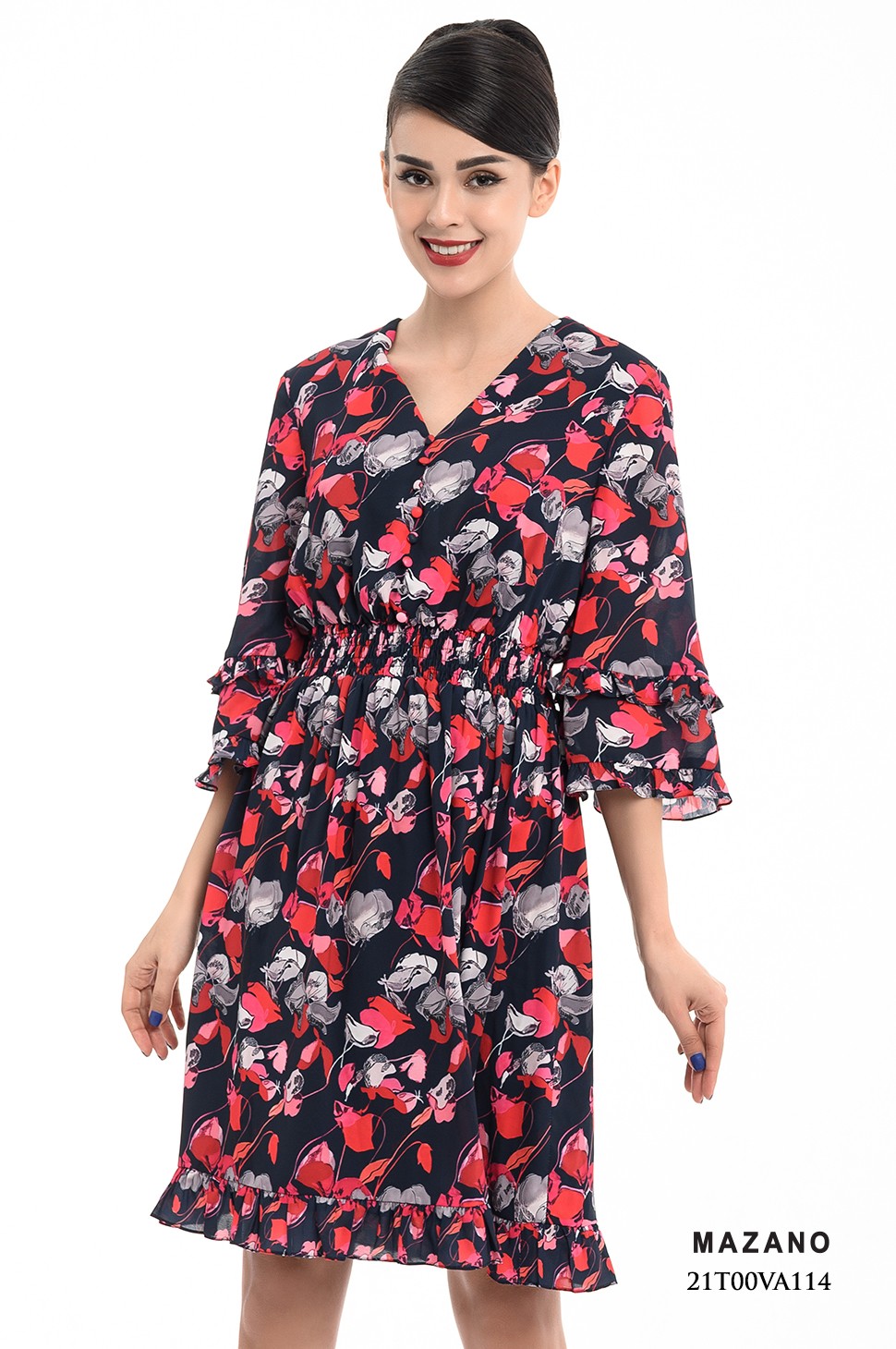 Đầm họa tiết hoa cách điệu chun eo tay gấu bèo Mazano_thumbnail_0