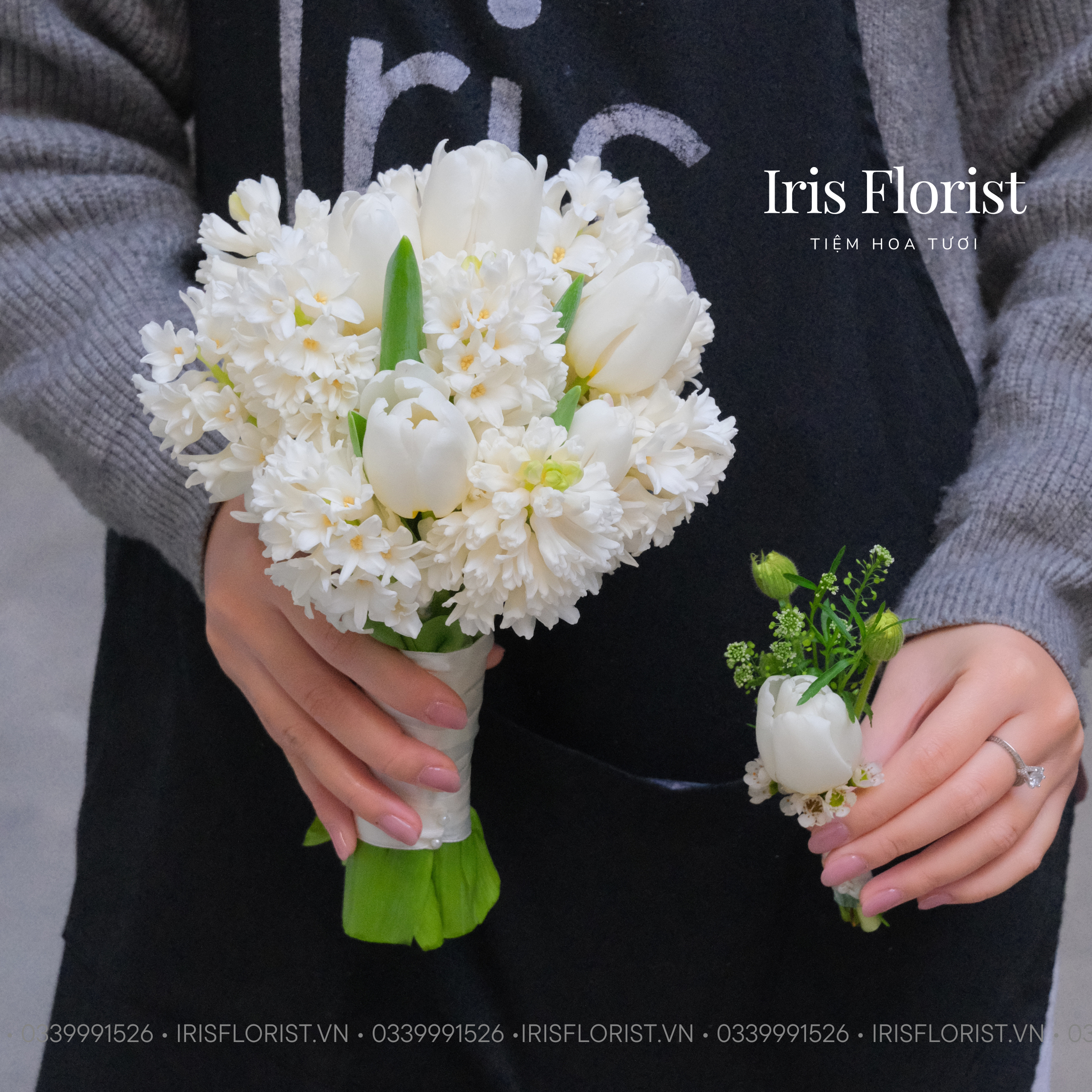 Bó hoa cưới dạ lan hương mix tulip trắng