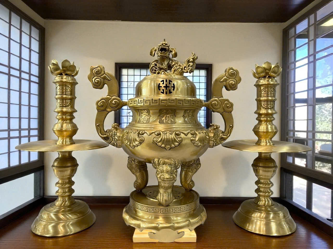 Bộ đỉnh thờ ngũ sự cao 70cm đồng vàng thau màu mộc _thumbnail_1