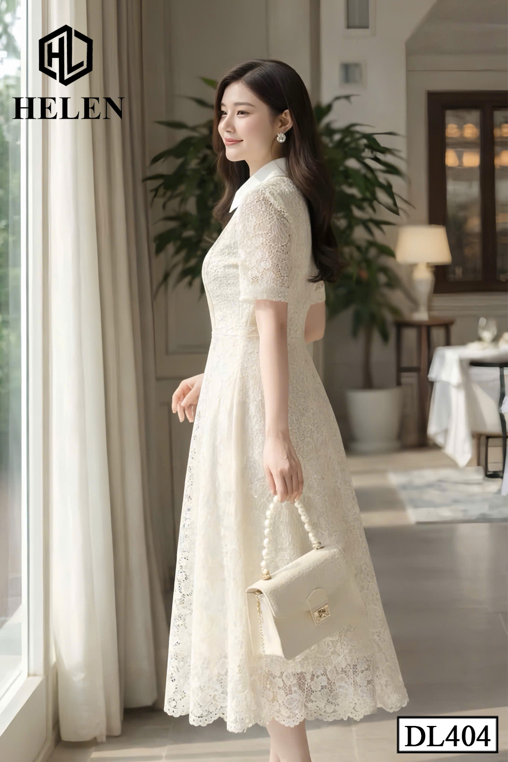 [Pre -order] Đầm xòe Ren Be cổ đức xếp ngực DL404