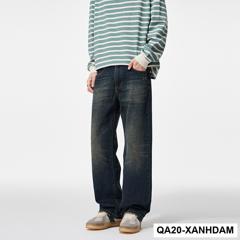 2025Mùa Thu Đông Phong Cách Mới Giặt Thiết Kế Trầy Xước Quần Jean Nam Mỹ Retro Ống Rộng Nguyên Chất Cotton Quần Tây