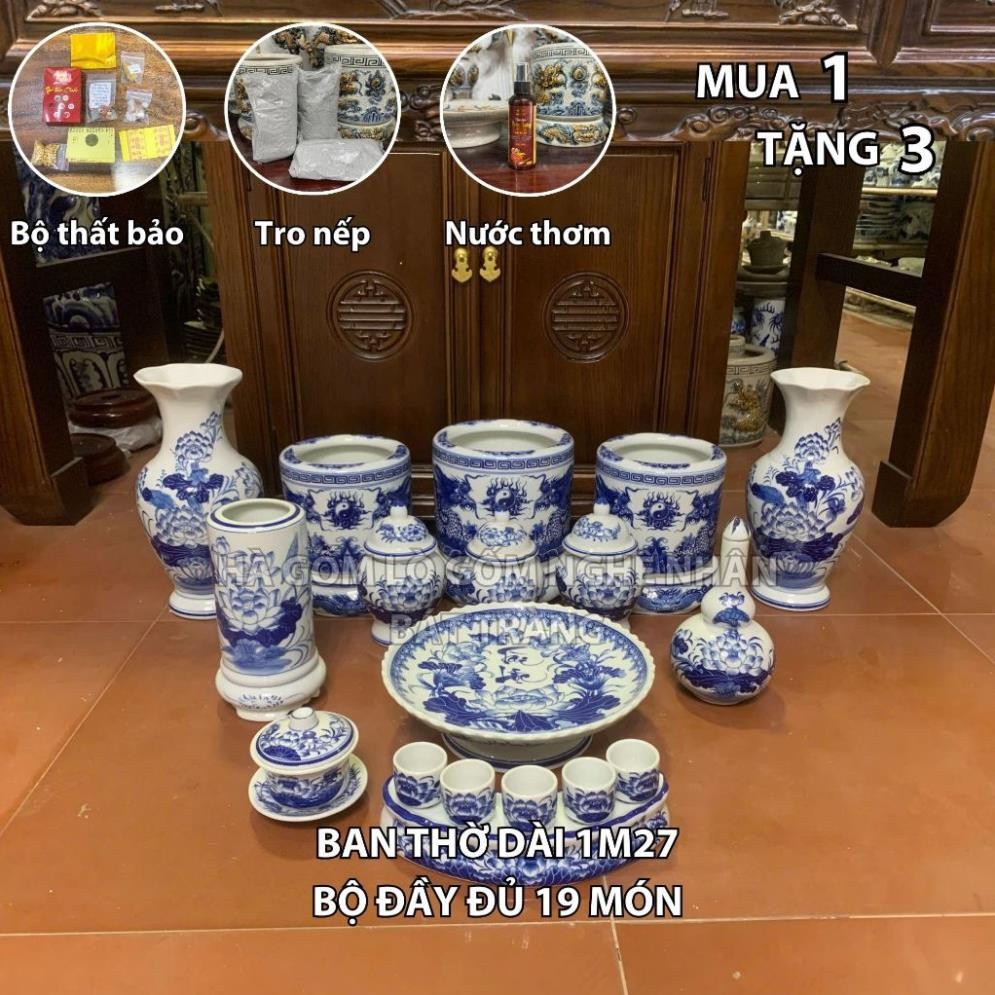 HG345 Đồ Thờ Cúng Bộ 19 món ban thờ 1M27 men lam nghệ nhân Bát Tràng chế tác TẶNG Thất Bảo, Tro Nếp