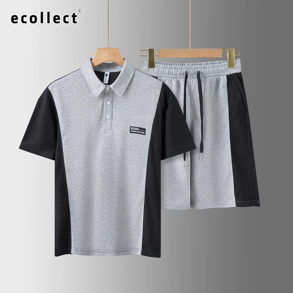 Bộ đồ nam áo thun có cổ tay ngắn ECOLLECT vải waffle mới pha phối màu sắc tương phản_thumbnail_2