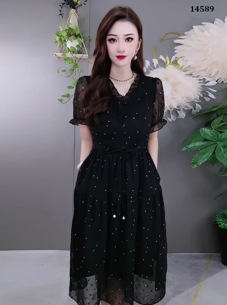 14589-Đầm xòe tay  phồng  ép đá cách điệu ( voan tơ xước ép đá , lót thun)_thumbnail_1
