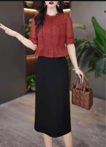 18361-Đầm liền thân phối 2 màu đỏ đen tay ngắn( lụa,voan)_thumbnail_1